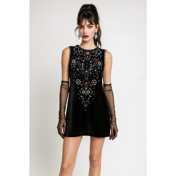 Urban Outfitters Dress Ecote Black Velvet Beaded Art Deco Retro Whimsigoth Shift - Picture 1 of 15